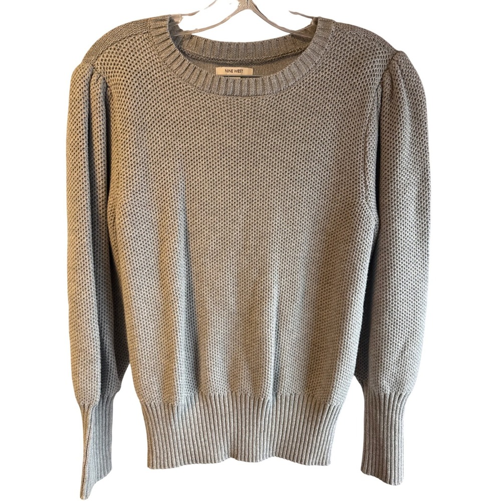 Nine West Womens Light Grey Puff Shoulder Textured Knit Crewneck Sweater